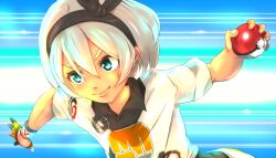  1girl amu_(icuru08) aqua_eyes bea_(pokemon) black_hairband blue_background bow_hairband closed_mouth collared_shirt commentary_request dynamax_band eyelashes gloves grey_hair hair_between_eyes hairband hand_up highres holding holding_poke_ball poke_ball poke_ball_(basic) pokemon pokemon_sword_and_shield print_shirt shirt short_hair short_sleeves single_glove smile solo white_shirt 
