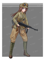  1girl absurdres afrika_korps ammunition_pouch badge belt_pouch blue_eyes boots border breast_pocket brown_boots brown_hair brown_hat brown_jacket brown_shirt buttons canteen chinese_commentary cockade collar_tabs collared_shirt combat_boots commentary_request commission cuff_title english_commentary full_body goggles goggles_on_headwear green_boots grey_background gun gun_sling hat highres holster huihuang_rongyao insignia jacket lapels legs_apart load_bearing_equipment looking_at_viewer looking_to_the_side m43_field_cap military military_hat military_rank_insignia military_uniform mp40 open_mouth original outside_border pants pants_tucked_in pixiv_commission pocket pouch red_ribbon reichsadler ribbon shirt shoulder_boards simple_background soldier solo standing submachine_gun trigger_discipline watermark weapon white_border world_war_ii 