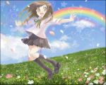  brown_eyes brown_hair cloud clouds flower happy inase long_hair petals rainbow school_uniform shoe_dangle skirt sky 