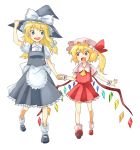  bad_id blonde_hair blue_eyes bow fang flandre_scarlet hair_bow hand_holding hand_on_hat hat holding_hands kirisame_marisa large_bow long_hair mary_janes miya_(artist) miya_(tsumazukanai) open_mouth red_eyes ribbon shoes side_ponytail simple_background smile socks touhou walking white_legwear wings wrist_cuffs 