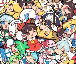  6+girls alice_margatroid animal_ears animal_hat apron ascot between_fingers black_skirt black_vest blonde_hair blue_bow blue_dress blue_eyes blue_hair blue_skirt blue_tabard blush bow bowl bowl_hat bowtie braid broom brown_eyes brown_hair camera capelet cat_ears cheek-to-cheek chen cirno closed_eyes closed_mouth commentary_request daiyousei detached_sleeves detached_wings doll dress fairy fairy_wings fang flandre_scarlet fox_tail frilled_bow frilled_hair_tubes frilled_skirt frills geta gloves gohei green_bow green_bowtie green_eyes green_hair green_hairband green_hat green_skirt green_vest grey_hair hair_bow hair_tubes hairband hakurei_reimu hat hat_ribbon heads_together highres hitodama holding holding_broom holding_camera holding_gohei holding_ofuda holding_sword holding_weapon hug ice ice_wings izayoi_sakuya katana kirisame_marisa kitsune kochiya_sanae konpaku_youmu konpaku_youmu_(ghost) long_hair long_sleeves maid_headdress mini-hakkero mini_person minigirl mob_cap moyazou_(kitaguni_moyashi_seizoujo) multiple_girls multiple_tails ofuda ofuda_between_fingers one_eye_closed one_side_up open_mouth pink_hairband pink_hat pink_shirt pink_skirt pom_pom_(clothes) purple_hair red_bow red_eyes red_hat red_ribbon red_skirt remilia_scarlet ribbon ribbon-trimmed_sleeves ribbon_trim shameimaru_aya shanghai_doll sheath sheathed shirt siblings sisters skirt skirt_set smile star-shaped_pupils star_(symbol) sukuna_shinmyoumaru sword symbol-shaped_pupils tabard tail tengu-geta tokin_hat touhou v v_over_eye vest waist_apron weapon white_apron white_capelet white_gloves white_hat wings witch_hat yakumo_ran yakumo_yukari yellow_ascot |_| 