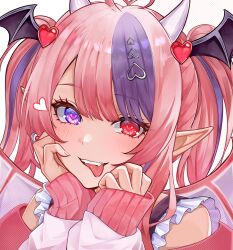  1girl ahoge blush demon_girl demon_horns demon_wings hair_ornament head_wings heart heart_ahoge heart_hair_ornament heterochromia highres horns indie_virtual_youtuber ironmouse long_sleeves multicolored_hair pink_eyes pink_hair purple_hair purple_streaks saliva streaked_hair tongue tongue_out twintails uarimau violet_eyes virtual_youtuber white_background white_horns wings 