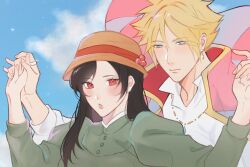  1boy 1girl black_hair blonde_hair blue_eyes blue_gem blue_sky blush closed_mouth cloud_strife clouds cloudy_sky coat coat_on_shoulders collared_shirt commentary cosplay dress earrings english_commentary final_fantasy final_fantasy_vii final_fantasy_vii_remake gem gold_trim green_dress hair_between_eyes hands_up hat hetero highres holding_hands howl_(howl_no_ugoku_shiro) howl_(howl_no_ugoku_shiro)_(cosplay) howl_no_ugoku_shiro jewelry juliet_sleeves lipgloss long_hair long_sleeves necklace parted_lips pink_coat pink_lips poey puffy_sleeves red_eyes ring shirt sky sophie_hatter_(howl_no_ugoku_shiro) sophie_hatter_(howl_no_ugoku_shiro)_(cosplay) spiky_hair straw_hat teardrop_earrings tifa_lockhart upper_body white_shirt 