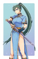  1girl alonemistrist blue_dress breasts commentary dress earrings english_commentary fingerless_gloves fire_emblem fire_emblem:_the_blazing_blade gloves green_eyes green_hair high_ponytail highres jewelry large_breasts long_hair lyn_(fire_emblem) outside_border pelvic_curtain ponytail rope_belt side_slit solo sword very_long_hair weapon 