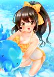  1girl :o absurdres barefoot bikini black_hair breasts cleavage highres long_hair open_mouth ponytail solo swimsuit water yellow_eyes 