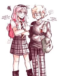  ... 1boy 1girl alternate_costume alternate_universe arrow_(symbol) aubrey_(faraway)_(omori) aubrey_(omori) backpack bag bandaid bandaid_on_face bandaid_on_nose basil_(faraway)_(omori) basil_(omori) black_pants black_socks black_sweater blonde_hair blue_eyes blue_hairband closed_mouth collared_shirt commentary diagonal-striped_clothes diagonal-striped_necktie double-parted_bangs ear_piercing english_commentary english_text flower flying_sweatdrops freckles green_bag grey_skirt hair_between_eyes hair_flower hair_ornament hairband highres holding holding_bag kiisaes long_hair long_sleeves looking_at_another looking_at_viewer multicolored_hair necktie omori open_mouth pants piercing pink_hair pointing pointing_at_another red_bag roots_(hair) shirt shirt_under_sweater short_hair short_sleeves sidelocks simple_background sketch skirt socks speech_bubble spoken_ellipsis striped_clothes sweatdrop sweater white_background white_shirt 