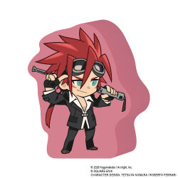  1boy 2026 aqua_eyes baton_(weapon) black_gloves black_jacket black_pants black_suit border brown_shoes chibi chibi_only closed_mouth collared_shirt copyright_logo facial_mark final_fantasy final_fantasy_vii final_fantasy_vii_remake fingerless_gloves full_body gloves goggles goggles_on_head hair_between_eyes holding holding_baton_(weapon) holding_weapon jacket logo long_hair low_ponytail lowres male_focus official_art over_shoulder pants pink_background ponytail red_hair reno_(ff7) shirt shoes smile solo spiky_hair square_enix suit suit_jacket weapon weapon_over_shoulder white_border white_shirt 