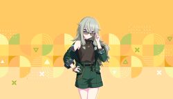  1girl belt black-framed_eyewear black_belt black_shirt colorful_palette deep_dark_for_light_(project_sekai) game_cg green_hair green_shorts highres kusanagi_nene low-tied_sidelocks official_art project_sekai shirt shorts sidelocks sleeveless sleeveless_shirt solo sunglasses third-party_source triangle violet_eyes yellow_background 
