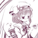  :d bat_wings bespectacled book bowtie capelet catbell chibi crescent dutch_angle fang glasses hat head_wings koakuma long_hair long_sleeves monochrome multiple_girls open_mouth patchouli_knowledge pointy_ears purple smile sparkle touhou vest wings 