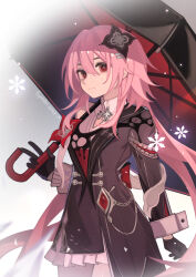  absurdres black_dress black_gloves closed_mouth commentary_request dress evernight_(honkai:_star_rail) gloves highres holding holding_umbrella honkai:_star_rail honkai_(series) long_hair looking_at_viewer march_7th_(honkai:_star_rail) pink_hair red_eyes standing symao umbrella 