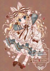 1girl absurdres alice's_adventures_in_wonderland alice_(alice_in_wonderland) apron arms_up blush bow bowtie brown_background brown_bow brown_bowtie brown_shoes card chiko_(star_pocco) commentary_request dot_nose dress frilled_apron frilled_bow frilled_dress frilled_sleeves frills full_body green_dress green_eyes hair_bow highres looking_at_viewer outline parted_lips pinafore_dress playing_card red_bow shoes sleeveless sleeveless_dress socks solo standing striped_bow watermark white_apron white_outline white_socks 