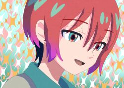  1girl absurdres amate_yuzuriha blue_eyes commentary_request earrings gundam gundam_gquuuuuux happy highres jewelry newtype_flash portrait red_hair scene_reference science_fiction smile sparkle user_kpft2825 zeknova 