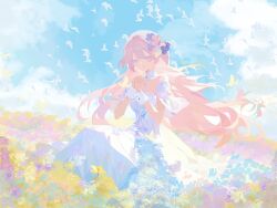 1girl bird blue_sky breasts bum_bum_shaka_taka_(buma) closed_eyes commentary cyrene_(demiurge)_(honkai:_star_rail) cyrene_(honkai:_star_rail) dove dress field flower flower_field hair_flower hair_ornament highres honkai:_star_rail honkai_(series) long_hair medium_breasts outdoors own_hands_together sky smile solo too_many too_many_birds very_long_hair white_dress 