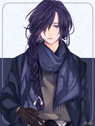  1boy black_gloves blue_background blue_eyes blue_jacket blue_scarf braid brown_sweater commentary_request dairoku_ryouhei fringe_trim gloves hair_over_one_eye hair_over_shoulder hair_ribbon jacket long_hair long_sleeves looking_at_viewer lower_teeth_only male_focus one_eye_covered open_clothes open_jacket outside_border parted_lips purple_hair ribbon sawamuri scarf shirt shirt_under_sweater single_braid solo sweater teeth two-tone_background untucked_shirt upper_body white_background white_ribbon white_shirt 