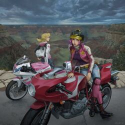  2girls alternate_costume belt black_boots blonde_hair blue_eyes boots canyon character_name clover_print cross cross_necklace denim floral_print helmet highres holding holding_unworn_helmet hot_pants_(sbr) jacket jeans jewelry jojo_no_kimyou_na_bouken landscape leg_armor looking_afar lucy_steel midriff_peek motor_vehicle motorcycle motorcycle_helmet mountain multicolored_jacket multiple_girls necklace on_motorcycle pants pink_eyes pink_hair pink_jacket pink_lips pink_nails pink_shirt purple_shirt rose_print scenery shirt short_hair signature sitting sky spray_can standing steel_ball_run tim_yrt tree two-tone_jacket unworn_headwear unworn_helmet wheel_print white_jacket 