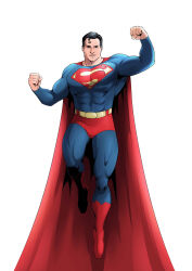  absurdres black_hair blue_eyes blue_suit cape clark_kent commentary copyright_request highres red_cape suit superman superman_logo 