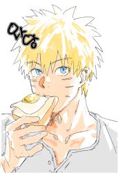  1boy blonde_hair blue_eyes bread bread_slice buubb collarbone commentary_request eating facial_mark food fried_egg fried_egg_on_toast highres holding holding_food korean_commentary korean_text male_focus naruto_(series) naruto_shippuuden portrait shirt short_hair solo toast uzumaki_naruto whisker_markings white_background 