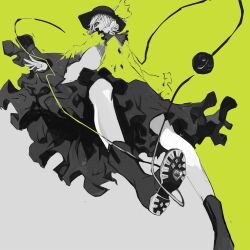  1girl black_hat black_skirt blending collared_shirt commentary_request from_below frown full_body green_background green_ribbon green_shirt green_theme grey_background hair_over_one_eye hat hat_ribbon komeiji_koishi long_sleeves looking_at_viewer one_eye_covered outstretched_arms parted_lips perspective ribbon shirt shoes simple_background skirt solo spread_arms third_eye touhou two-tone_background ue_toono_(atano) 