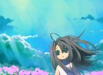  black_hair blue_eyes camisole cloud clouds flower panorama shiden sky sunlight wind 