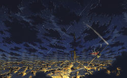  1other above_clouds absurdres aircraft ambiguous_gender black_sky city city_lights clouds cloudy_sky commentary_request from_behind grand_scale highres murakoyafactory night original outdoors scenery science_fiction shooting_star sky star_(sky) starry_sky tower wide_shot 
