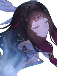  1girl bare_shoulders black_hair closed_eyes columbina_(genshin_impact) commentary_request dress eye_mask genshin_impact hair_ornament head_wings highres long_hair mask multicolored_hair multiple_wings odenonahaode portrait purple_hair purple_streaks ribbon simple_background solo streaked_hair two-tone_hair very_long_hair white_background white_dress white_wings wing_hair_ornament wings x-shaped_eyewear 