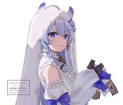  1girl ahoge blue_eyes blue_hair braid braided_sidelock breasts center_frills closed_mouth commentary_request cross cross_earrings detached_sleeves earrings evil_smile frills ghost_girl glitch_stars hair_through_headwear highres jewelry long_hair looking_at_viewer mogughost_(vtuber) raised_eyebrows shirt simple_background sleeveless sleeveless_shirt sleeves_past_fingers sleeves_past_wrists small_breasts smile solo veil very_long_hair virtual_youtuber watermark white_background white_shirt white_veil yanagi_arisa 