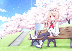  1girl :q ahoge bench black_sailor_collar black_skirt black_thighhighs blue_archive blue_sky blush boots cardigan closed_mouth commentary_request cup day food grass halo harada_(sansei_rain) highres holding holding_cup long_hair long_sleeves natsu_(blue_archive) neckerchief on_bench outdoors parfait park_bench petals pink_hair pleated_skirt puffy_long_sleeves puffy_sleeves red_eyes red_neckerchief riot_shield sailor_collar shield side_ponytail skirt sky smile solo stairs stone_stairs thigh-highs thighhighs_under_boots tongue tongue_out tree very_long_hair white_boots white_cardigan 