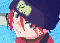  1girl absurdres amate_yuzuriha beanie blue_eyes clenched_teeth commentary_request earrings elephant_print gundam gundam_gquuuuuux hat highres jewelry looking_at_viewer looking_back mecha_pilot_suit motion_lines normal_suit_(gundam) portrait red_hair science_fiction teeth user_kpft2825 