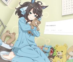  1girl almond_eye_(umamusume) animal_ears blue_eyes blue_pajamas blue_pants blue_shirt brown_hair calendar_(object) character_doll closed_mouth daring_tact_(umamusume) doll highres horse_ears horse_girl horse_tail hugging_doll hugging_object indoors kazoku_chicken long_hair long_sleeves multicolored_hair on_bed pajamas pants picture_frame request_inset seiza shirt sitting smile solo streaked_hair tail umamusume white_streaks 