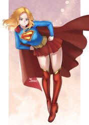  1girl animification artist_name belt bent_over blonde_hair blue_eyes blue_shirt boots breasts cape commentary dc_comics eyelashes floating floating_cape floating_hair full_body gold_belt hands_on_own_hips hanging_legs high_heel_boots high_heels highres long_hair long_sleeves looking_at_viewer medium_breasts miniskirt pigeon-toed pillarboxed pink_background ravenhart red_boots red_cape red_skirt shirt simple_background skirt slim_legs smile supergirl supergirl_(2026) superman_(series) superman_logo thigh_boots 