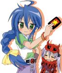  :3 ahoge alternate_hairstyle braid cosplay hiiragi_kagami izumi_konata kamen_rider kamen_rider_den-o_(series) lowres lucky_star massala momotaros momotaros_(cosplay) parody 