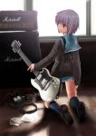  cardigan gekkan-kurobuta guitar instrument kneeling kurobuta_gekkan nagato_yuki school_uniform short_hair suzumiya_haruhi_no_yuuutsu towel 