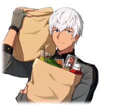  1boy bag blue_eyes bottle carrot dark-skinned_male dark_skin fingerless_gloves food game_cg gloves grey_gloves groceries grocery_bag happy_elements helios_rising_heroes holding holding_bag looking_at_viewer male_focus non-web_source official_art oscar_bale shopping_bag short_hair solo transparent_background upper_body white_hair 