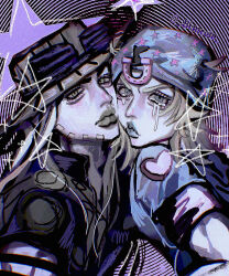  b_l_ililil blonde_hair blue_eyes blue_lips commentary_request crying crying_with_eyes_open facial_hair gold_teeth green_eyes gyro_zeppeli hat highres horseshoe_hat_ornament horseshoe_ornament johnny_joestar jojo_no_kimyou_na_bouken long_hair male_focus multiple_boys star_(symbol) star_print steel_ball_run tears two-tone_sleeves 