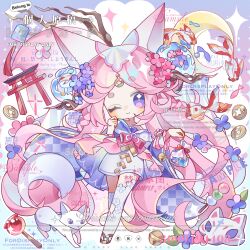  1girl :3 animal_ears bell blue_flower blue_kimono braid candy_apple cherry_blossoms chibi closed_mouth fish flower food fox fox_ears fox_girl fox_mask fox_tail full_body goldfish hair_flower hair_ornament highres holding japanese_clothes jingle_bell kimono long_hair long_sleeves looking_at_viewer maguaxiaoxingqiu mask moon multiple_tails okobo one_eye_closed original pink_flower pink_hair platform_sandals sample_watermark sandals short_kimono smile solo sparkle tail thick_eyebrows thigh-highs too_many_watermarks torii very_long_hair violet_eyes wagashi watermark white_thighhighs wide_sleeves 