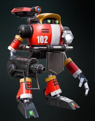  3d arm_cannon black_background e-102_gamma gatling_gun green_eyes gun highres holding holding_gun holding_weapon humanoid_robot looking_ahead mecha missbiancaart no_humans non-humanoid_robot open_hand protected_link robot science_fiction shoulder_cannon solo sonic_(series) sonic_adventure standing walker_(robot) weapon 