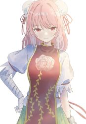  1girl bandaged_arm bandages closed_mouth commentary double_bun green_skirt hair_bun hand_on_own_hip highres ibaraki_kasen looking_at_viewer medium_hair metal_wrist_cuffs mosu_chamomile pink_eyes pink_hair red_tabard shirt short_sleeves skirt smile solo tabard touhou white_background white_shirt 