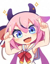  1girl 1other :d arms_up bare_arms bare_shoulders black_horns black_streaks blue_eyes blush bow bowtie chibi chibi_only commentary_request double-parted_bangs flat_chest hair_between_eyes highres horns index_fingers_raised konohoshi long_hair looking_at_viewer meika_hime multicolored_hair open_mouth other_focus pink_hair red_bow red_bowtie sailor_collar shirt simple_background sleeveless sleeveless_shirt smile solo streaked_hair upper_body vocaloid white_background white_sailor_collar white_shirt 