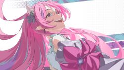  1girl absurdres ahoge bell commentary demon_girl demon_horns dress earrings english_commentary hair_bell hair_ornament hair_ribbon highres horns ironmouse jewelry kuroi_enpitsu long_hair multicolored_hair open_mouth pink_hair pointy_ears purple_hair purple_streaks ribbon smile streaked_hair violet_eyes virtual_youtuber vshojo white_dress white_horns 