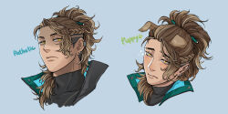  1boy animal_ears black_shirt blue_background blush braid collared_jacket compression_shirt dark-skinned_male dark_skin dog_boy dog_ears ear_piercing english_text eyebrow_cut frown goldbullet goldbullet_(1st_costume) gracia1016 half_up_braid high_collar highres holostars holostars_english jacket kemonomimi_mode lips long_hair male_focus multiple_views pencil pencil_in_hair piercing pleading_eyes ponytail portrait shaded_face shirt simple_background sparkle undercut virtual_youtuber yellow_eyes 