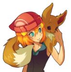  1girl artist_request blue_eyes dismay eevee fusion haruka_(pokemon) hat hikari_(pokemon) kasumi_(pokemon) lowres orange_hair pokemon pokemon_(creature) simple_background smile white_background 