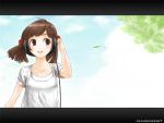  brown_eyes brown_hair headphones okamocheese short_hair twintails wind 