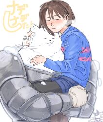  1boy 2others animal_ears armor blush brown_hair closed_eyes closed_mouth d4ttene dog dog_boy dog_ears doggo_(undertale) frisk_(undertale) furry furry_male greater_dog headpat highres hug long_sleeves multiple_others open_mouth purple_shirt shirt snow translation_request undertale utdr_(toby_fox) white_background 