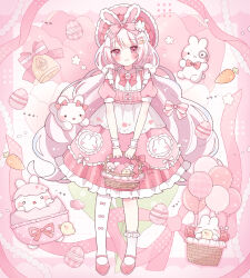  1girl :3 absurdres animal balloon basket blush bow bowtie closed_mouth commentary_request dot_nose dress easter easter_egg egg frilled_bow frilled_headwear frilled_socks frills full_body grid_background hair_bow hat highres hinase01 holding holding_basket long_hair looking_at_viewer original pink_bow pink_bowtie pink_dress pink_eyes pink_hat pink_shoes rabbit shoes short_sleeves smile socks solo standing striped_bow white_background white_hair white_socks 
