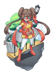  1girl absurdres blue_eyes boots breasts brown_hair commentary double_bun dress eye_mask gloves grimmelsdathird hair_bun highres long_hair long_sleeves mask official_alternate_costume open_mouth pantyhose parted_lips pokemon pokemon_(creature) pokemon_black_2_and_white_2 pokestar_studios red_boots red_gloves rosa_(pokemon) sharp_teeth teeth trash_can trubbish twintails untranslatable_commentary white_pantyhose yellow_dress 