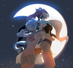  2girls bao_the_whale black_shirt blue_hair blue_sailor_collar breasts commentary constellation cosplay crescent_moon dragon_girl dragon_horns grey_horns highres horns indie_virtual_youtuber kuroi_enpitsu long_hair looking_at_viewer looking_to_the_side medium_breasts moon multiple_girls red_eyes sailor_collar sailor_moon sailor_moon_(cosplay) shirt skirt sky sleeveless smile standing star_(sky) starry_hair starry_sky twintails untranslatable_commentary vienna_(vtuber) virtual_youtuber whale_girl white_shirt 