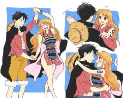  ! 1boy 1girl abs armor back_bow bare_legs bare_shoulders black_coat black_hair blush bow bracelet cape coat coat_on_shoulders dancing earrings english_commentary feet_out_of_frame floral_print floral_print_kimono fur-trimmed_shorts fur_trim hair_ornament happy hat hat_on_back hetero highres holding_hands hug japanese_armor japanese_clothes jewelry keke_(kkmaro) kimono log_pose long_hair looking_at_another monkey_d._luffy nami_(one_piece) obi official_alternate_costume one_piece open_clothes open_shirt orange_hair orange_shorts pearl_earrings pink_bow print_kimono red_kimono red_shirt sash scar scar_on_chest sequential shirt short_hair short_kimono shorts shoulder_tattoo sleeveless sleeveless_kimono smile spoken_exclamation_mark straw_hat tattoo twitter_username upper_body wavy_hair wide_hips 