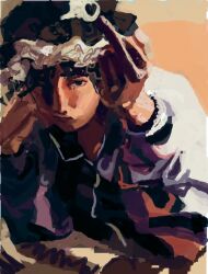 1other androgynous black_hair black_hat black_shirt blue_eyes collared_shirt detached_hood elbow_on_table expressionless eyelashes faux_traditional_media frilled_headwear hand_on_own_cheek hand_on_own_face hat hatsburg highres hood hood_down hooded_jacket jacket len'en looking_at_viewer middle_finger mob_cap nostrils oil_painting_(medium) open_clothes open_jacket orange_background other_focus painterly painting_(medium) profanity purple_jacket realistic shirt shitodo_kuroji short_hair solo thick_lips traditional_media two-tone_background upper_body white_background 