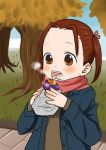  brown_eyes brown_hair eating food forehead hntk ichigo_mashimaro matsuoka_miu park scarf short_hair twintails 