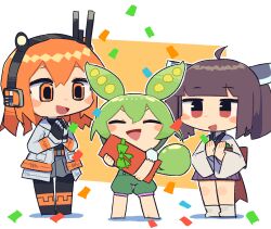  3girls a.i._voice adachi_rei ahoge barefoot birthday black_leggings black_shirt blunt_bangs blush border brown_hair chibi chibi_only clapping closed_eyes commentary_request confetti facing_viewer full_body gift green_hair green_shorts grey_skirt headgear headlamp headset highres holding holding_gift jacket japanese_clothes kimono konohoshi leggings long_hair long_sleeves medium_hair miniskirt multiple_girls open_clothes open_jacket open_mouth orange_eyes orange_hair outline outside_border own_hands_together pleated_skirt purple_skirt radio_antenna red_eyes shirt short_kimono short_sleeves short_yukata shorts simple_background size_difference skirt smile socks standing touhoku_kiritan utau voiceroid voicevox white_border white_jacket white_kimono white_outline white_socks wide_sleeves yellow_background yukata zundamon 